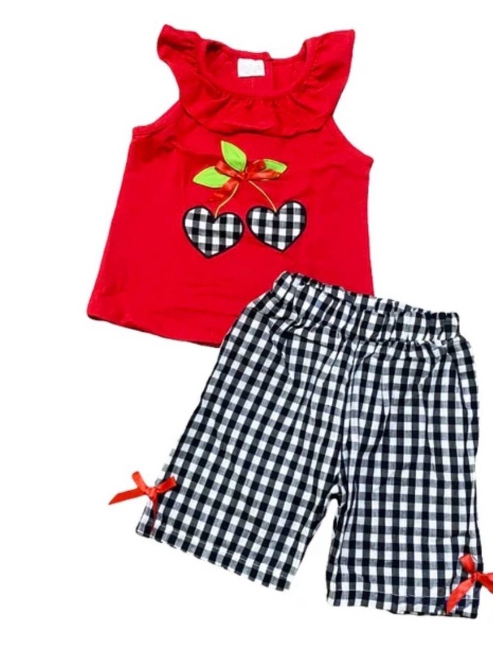 Red Cherry Appliqué tank with Black Gingham Accents,